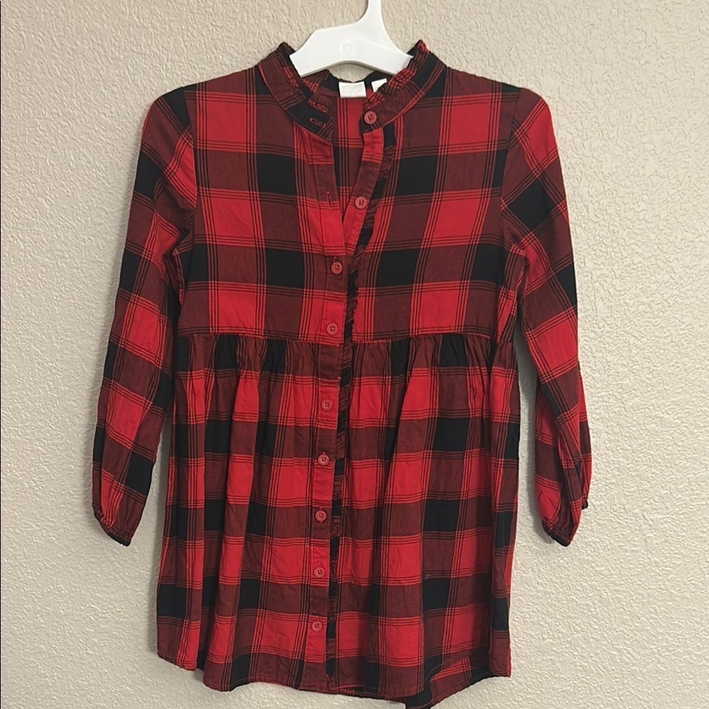 Girls Red and Black Plaid Button-Up Dress